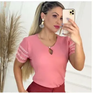 Moda feminina: Blusa social manga curta com botão - Rosa Claro