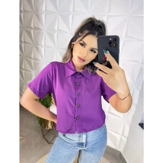 Camisa Social Cropped Feminina em Viscolinho Verão 2022 - Azul