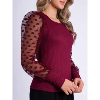 Blusinha Feminina Manga Longa Tule Canelada - Moda Inverno Blogueira - Pink