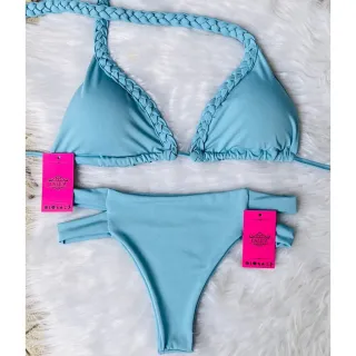 Hot Pants Bojo Trançado Cintura Alta Biquíni - Azul