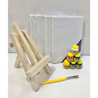 Mini Cavalete + Kit Pintura 4Telas: 16X22, 6 Tintas e Pincel - Único