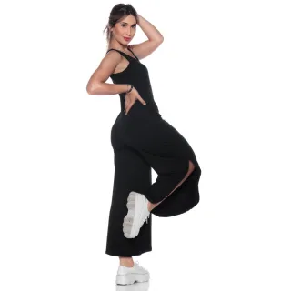 Moda Feminina Casual Macação Pantacourt Versátil Bolso Confortável - Preto