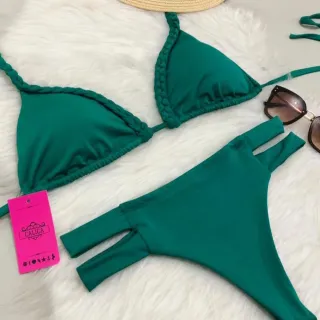 Calcinha Biquíni Hot Pant Cintura Alta Trançado Com Bojo Faixas - Calica moda praia - Rosa Escuro