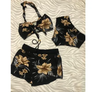 Biquíni Estampado + Shorts Feminino Cintura Alta - 6 VERDE