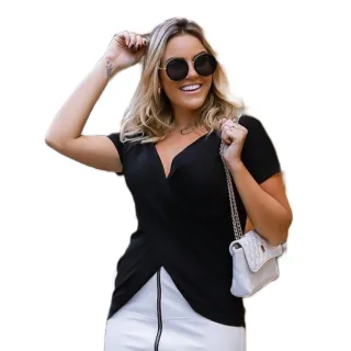 Moda Feminina Blusa Cruzada Decotada Manga Curta Transpassada - Fúcsia