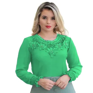 REF258 Blusa Social Feminina Manga Longa com Detalhes em Renda - Verde Militar