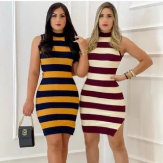 Elegante Vestido Feminino Listrado Canelado Luxo Com Fendas Meia Gola - BEGE E OFF WHITE