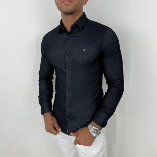Camisa lisa social masculina manga longa slim em jeans elastano - Escuro