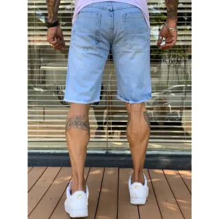 Moda Verão Tendência Premium: Bermuda Jeans Masculina Rasgada Original - Azul Claro