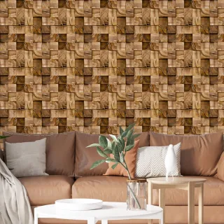 Tacos de Madeira Autocolante Lavável - Papel de Parede Cubos Marrom - Único