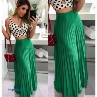 Saia Longa Evangelica Plissada Cintura Alta Gode Rodada Forro Luxo - Verde