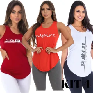 Blusas Femininas Viscolycra Fitness - Kit com 3 Camisetas Regatas - KIT 4-GRENÁ/LARANJA/BRANCA