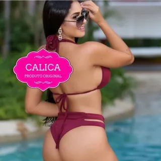 Calcinha Biquíni Hot Pant Cintura Alta Trançado Com Bojo Faixas - Calica moda praia - Rosa Escuro