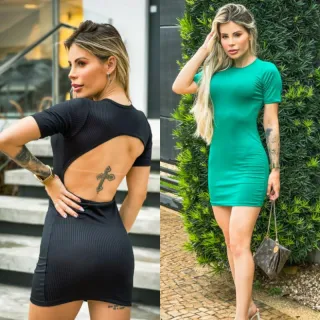 Modinha Gringa Vestido Malha Canelado Manguinha Curta Costas Nuas