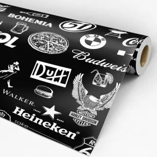 Decoração Gourmet: Papel de Parede Preto e Branco com Tema de Marcas de Cervejas - Único
