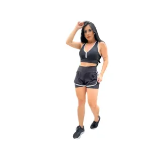 Roupa de Treinar Feminina Short Duplo Suplex com Tela - Preto com viés pink