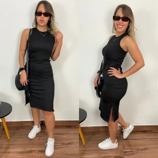 Vestido Feminino Midi Regata Canelado com Fenda Lateral - P ao GG - Vermelho