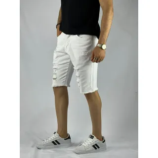 Short Destroyed Jeans Claro Preto Bermuda semLycra - Branco Destroyed