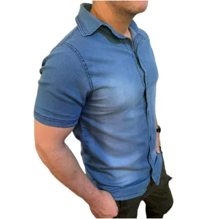 Botões Camisa Manga Curta Social Jeans Masculina - JEANS AZUL CLARO