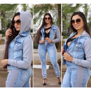 Jaqueta feminina de Inverno em Jeans com Capuz Removível e Moletom - Azul Escuro