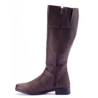 Bota Marrom Cano Alto Feminina com Zíper Lateral - Salto Baixo e Detalhes em Metal - Marrom