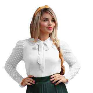 Blusa Social Feminina Manga Longa Evangelica Linda Tule Crepe - Preto