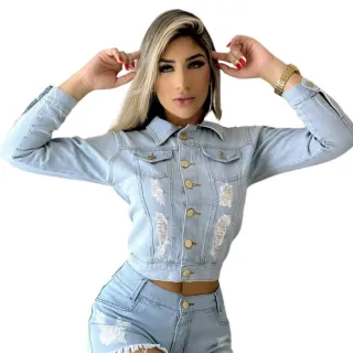 Estilo Moto Jaqueta Jeans Feminina de Inverno - JEANS ESCURO