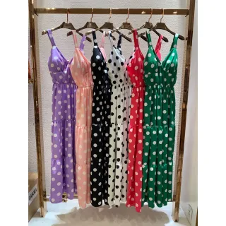 Decote Lastex Estampa Poá Vestido Longo Alcinha Bolinha - Verde Bandeira