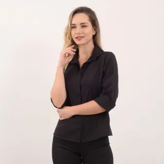 Direto da Fábrica: Camisete Feminina Manga 3/4 Gabardine Branca e Preta - COR PRETA TAMANHO GG