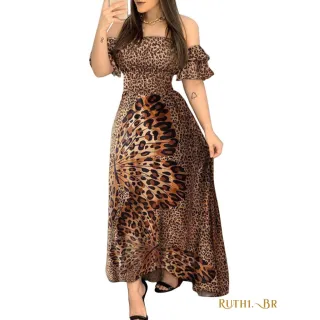 Estampa de Borboleta em Vestido Longo Feminino de Oncinha - Leopardo-m
