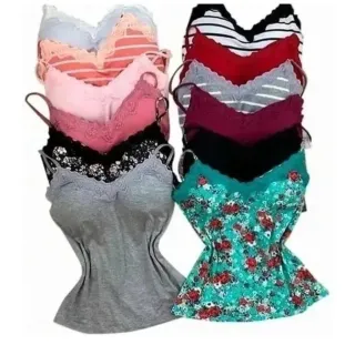 Kit 5 Blusas Femininas Regata Alça Lisa e Estampada com Bojo - Detalhe Renda Básica - sortidas uma de cada cor