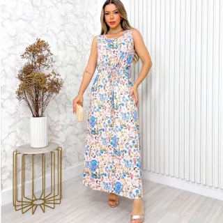 Moda Verão Vestido Estampado Feminino Longo Malha Fria 3RD SD087-1 - Branco