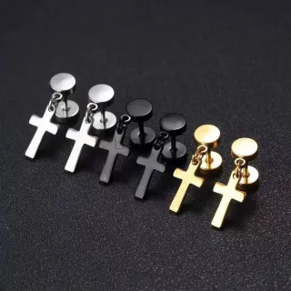 Brinco Barbell Style Cross Pendurado com Cruz em Aço Inoxidável Unisex - Prata, Preto, Dourado - uni preto