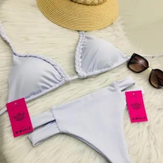 Calcinha Biquíni Hot Pant Cintura Alta Trançado Com Bojo Faixas - Calica moda praia - Rosa Escuro