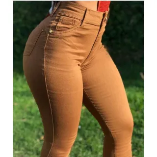 Calça Cintura Alta Feminina Sarja Bege Skinny Modeladora - Rose