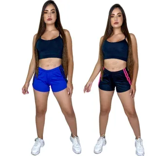 Top Alcinha Suplex e Short Fitness Feminino - Promoção Garra Sport - Preto - Preto  listra vermelha