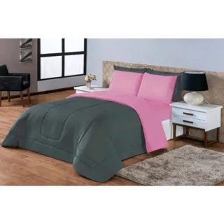 Edredom Queen Dupla Face Kit Vitória - 06 peças - Vinho/cinza