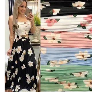 Floral Plissada Saia Longa Evangélica - Código 005 - Verde água