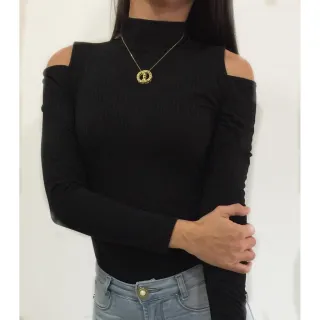 Blusa Manga Longa Feminina Básica Gola Alta Ombro Vazado De Fora - Marinho