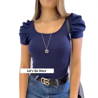 Moda feminina: Body Princesa Canelado com Manga Bufante e Bojo - Preto