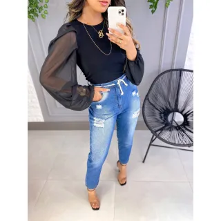 Princesa Blusa Manga Longa Transparente Feminina Bufante - Branco