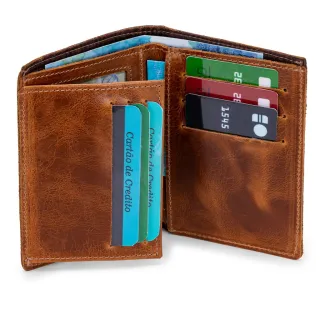 Couro Legítimo Carteira Vertical Masculina 6 Cartões CNH RG - MARROM CLARO-GAMB