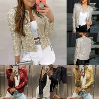 Jaqueta feminina curta de alfaiataria com lantejoulas e manga longa - Ouro