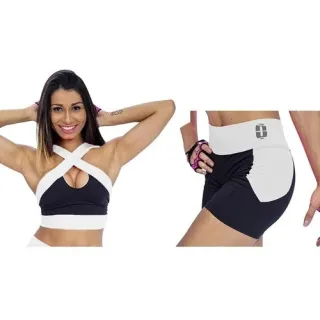 Top Cruzado + Short Cós Alto Conjunto Fitness Feminino - Branco