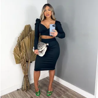 Conjunto Cropped Saia Midi Evangélico Princesa Manga Longa - Azul