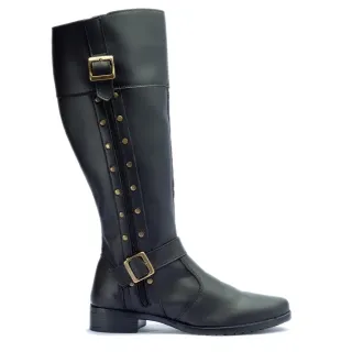 Bota Marrom Cano Alto Feminina com Zíper Lateral - Salto Baixo e Detalhes em Metal - Marrom