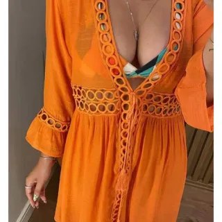 Quimono longo simples para piscina e banho - Saída de praia feminina - 3renda preto