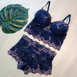 Lingerie Luxo Cropped Renda Bicolor Com Bojo - Conjunto Calesson 465 - Preto/Rosa