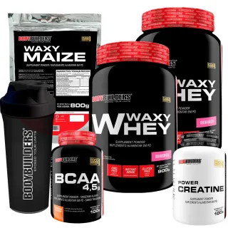 Bodybuilders - Kit Aumento de Massa Muscular: 2x Whey Protein Waxy Whey Pote 900g + BCAA 4,5 100g + Power Creatina 100g - Baunilha e Paçoca