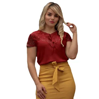 Blusas Femininas Manga Curta Social em Crepe - Linda Evangelica - Vermelho